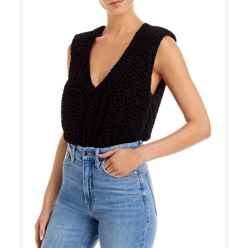 Ramy Brook Bodysuit Women Extra Small Black Textured V-Neck Sleeveless